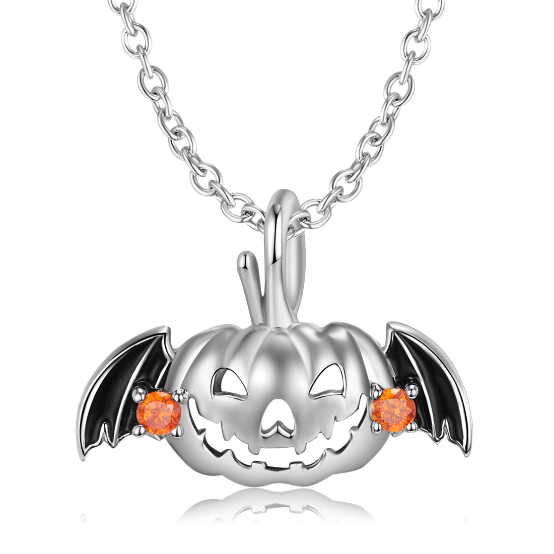Halloween Pumpkin Bat Wing Necklace - 925 Sterling Silver Orange CZ Adjustable Spooky Jewelry - Aruary Studio ｜ Artisanal Jewelry