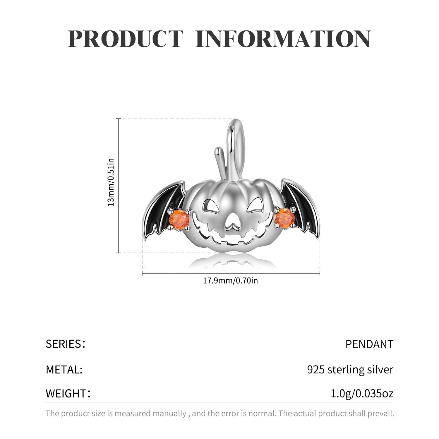 Halloween Pumpkin Bat Wing Necklace - 925 Sterling Silver Orange CZ Adjustable Spooky Jewelry - Aruary Studio ｜ Artisanal Jewelry