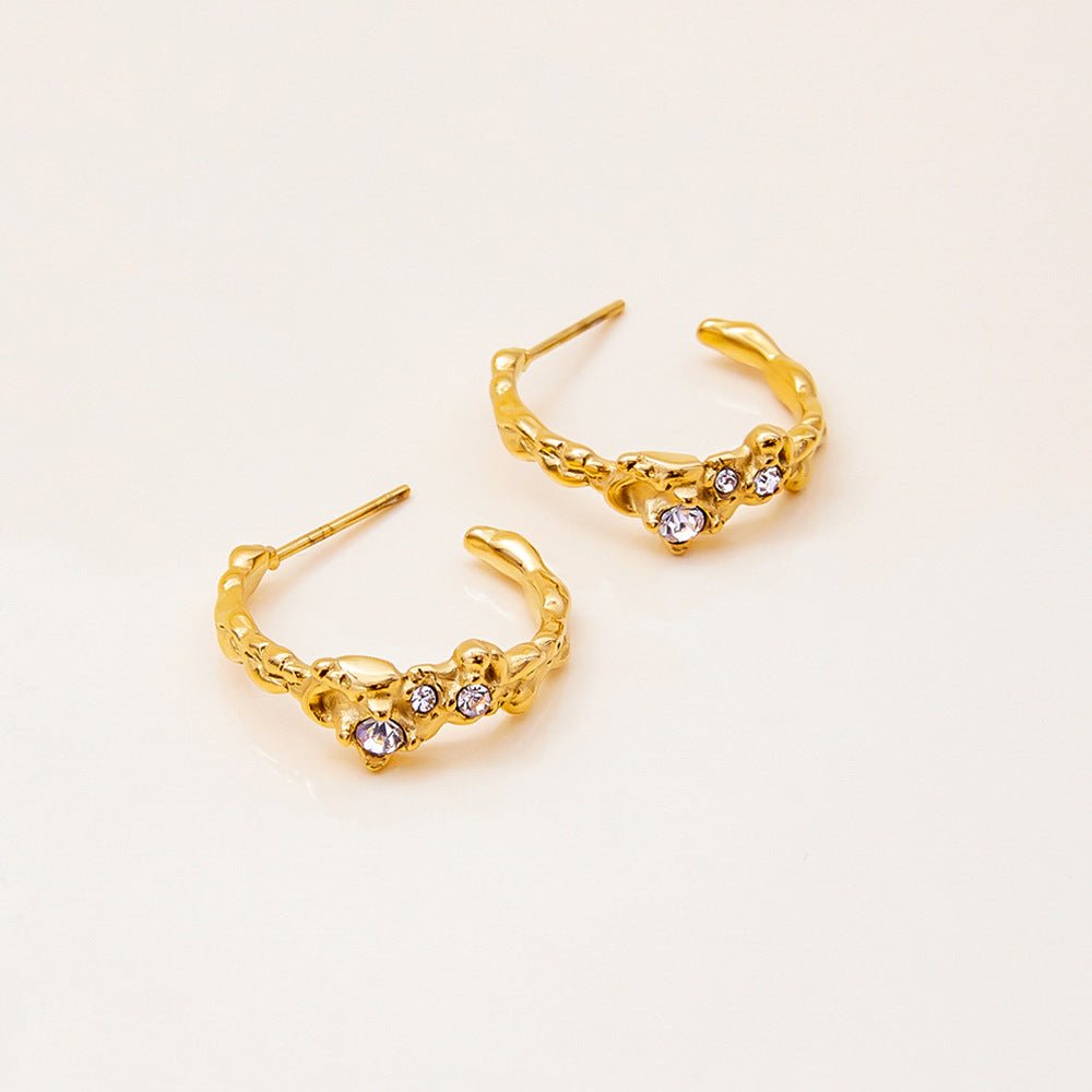 Hammered C - Hoop Earrings with White Diamonds - Luxury Stainless Steel Earrings - Aruary Studio ｜ Artisanal Jewelry