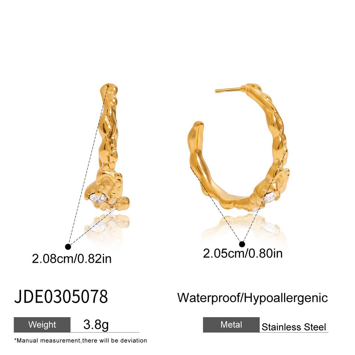 Hammered C - Hoop Earrings with White Diamonds - Luxury Stainless Steel Earrings - Aruary Studio ｜ Artisanal Jewelry