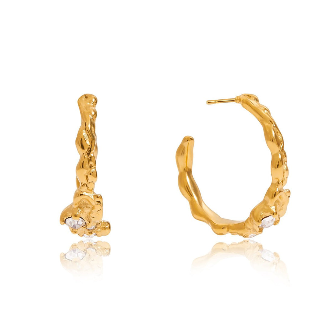 Hammered C - Hoop Earrings with White Diamonds - Luxury Stainless Steel Earrings - Aruary Studio ｜ Artisanal Jewelry