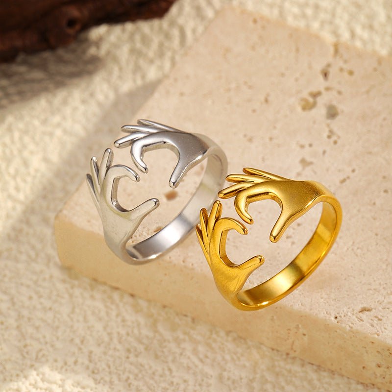 Hand Gesture Statement Ring | Titanium Steel Gold Plated - Edgy Symbol of Connection & Individuality - Aruary Studio ｜ Artisanal Jewelry