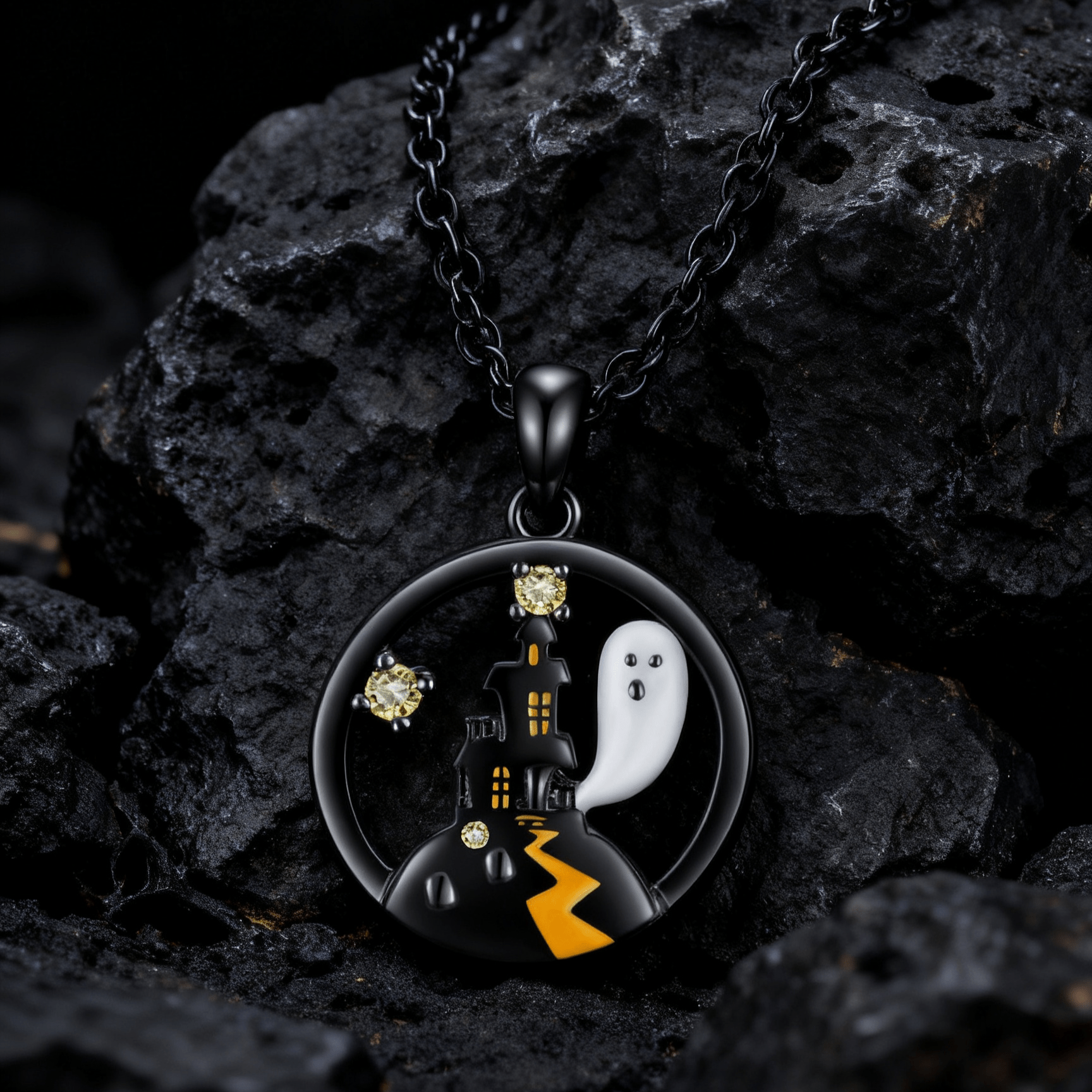 Haunted House Ghost Necklace with CZ - 925 Sterling Silver Halloween Spooky Jewelry with Adjustable Chain - Aruary Studio ｜ Artisanal Jewelry