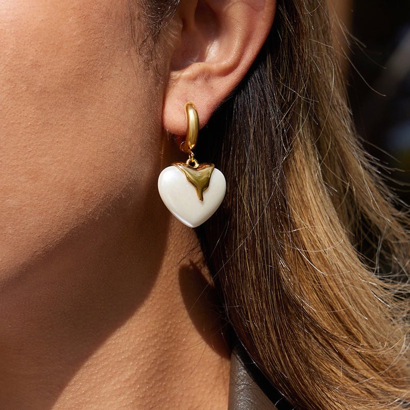 Heart Resin Pearl Hoop Earrings | Titanium Steel Gold - Plated - Aruary Studio ｜ Artisanal Jewelry