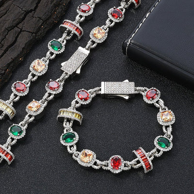 Hip Hop Colorful Gem Necklace & Bracelet Set | 925 Silver + Zircon - Bold Luxury for the Street - Style Trailblazer - Aruary Studio ｜ Artisanal Jewelry