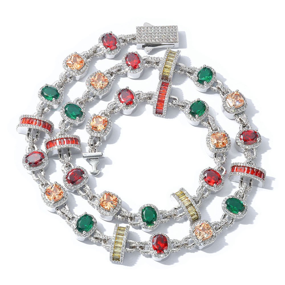 Colorful gem statement jewelry featuring multi-colored stones on a silver chain bracelet, perfect for bold hip hop accessories.