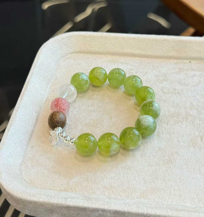 “Iced Grape” Glazed Jade Bracelet - Healing Crystal Jewelry with Rhodonite, Agarwood & Milky White Crystal - Aruary Studio ｜ Artisanal Jewelry