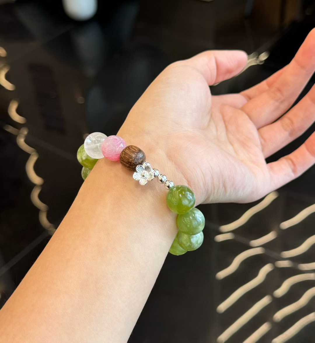 “Iced Grape” Glazed Jade Bracelet - Healing Crystal Jewelry with Rhodonite, Agarwood & Milky White Crystal - Aruary Studio ｜ Artisanal Jewelry