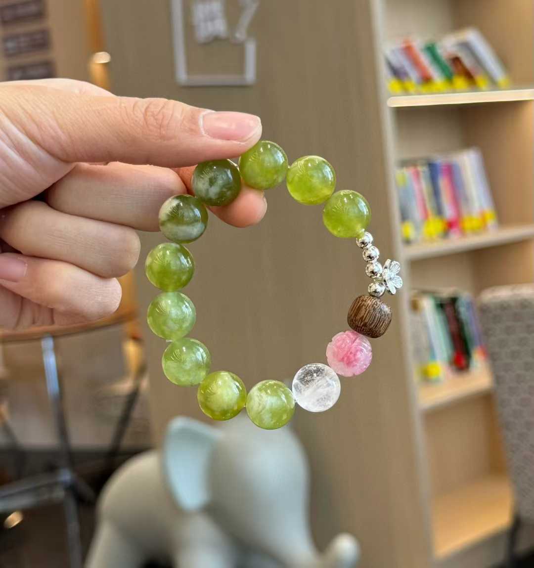 “Iced Grape” Glazed Jade Bracelet - Healing Crystal Jewelry with Rhodonite, Agarwood & Milky White Crystal - Aruary Studio ｜ Artisanal Jewelry