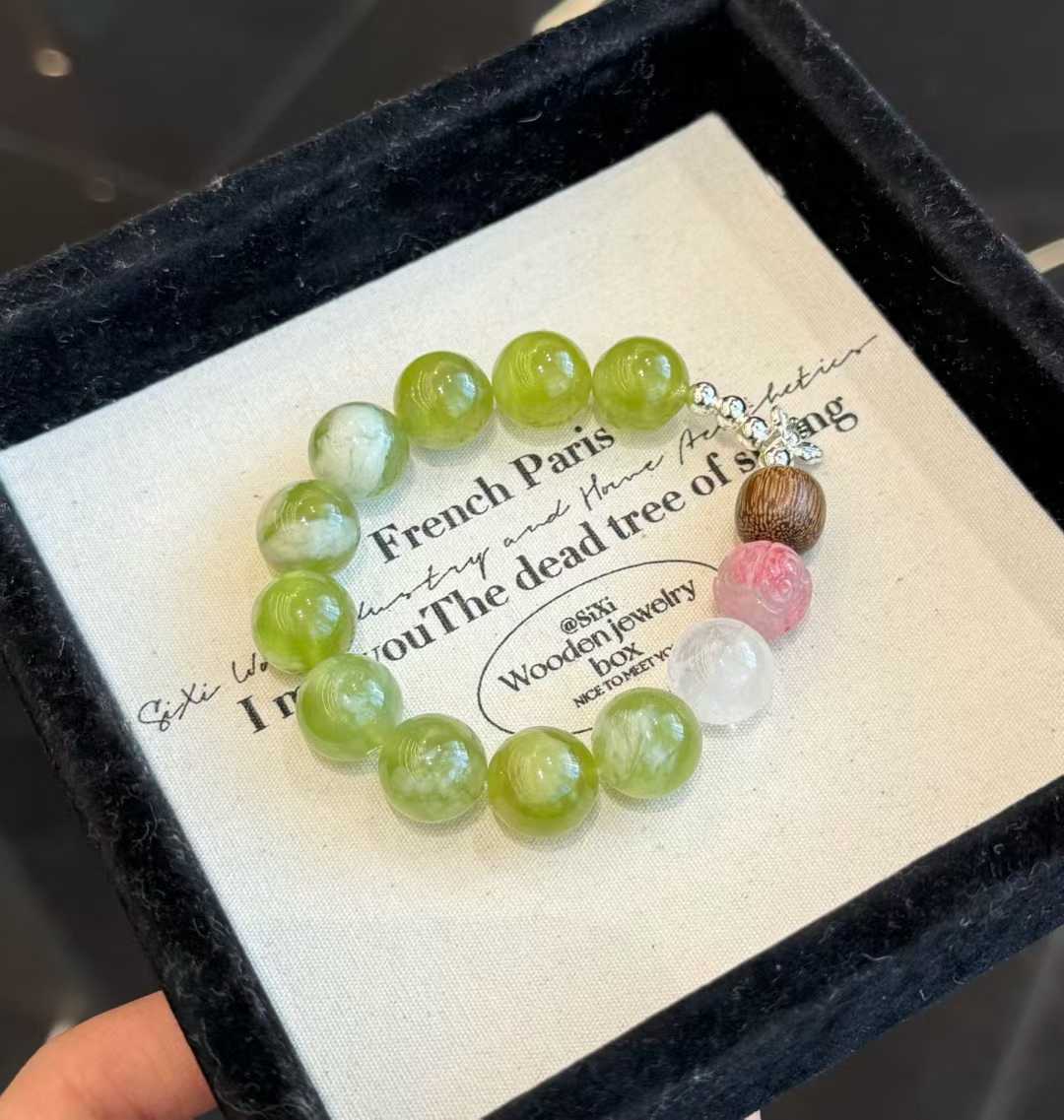 “Iced Grape” Glazed Jade Bracelet - Healing Crystal Jewelry with Rhodonite, Agarwood & Milky White Crystal - Aruary Studio ｜ Artisanal Jewelry