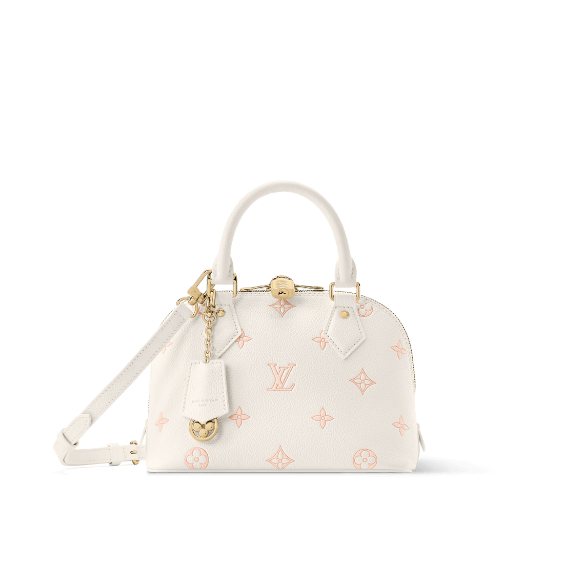 A high-quality pastel pink embossed leather Alma BB style bag with gold hardware, padlock, and detachable shoulder strap displayed on a clean background.