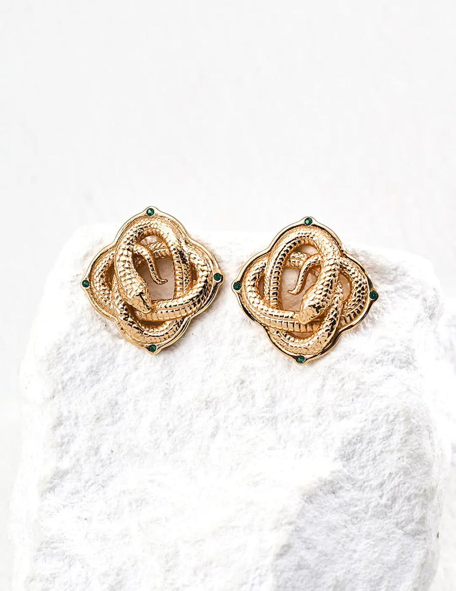 Aruary Studio ｜ Artisanal Jewelry intage Snake Year Green Zircon Ear Studs - Sterling Silver Gold Plated, Light Luxury Retro Style