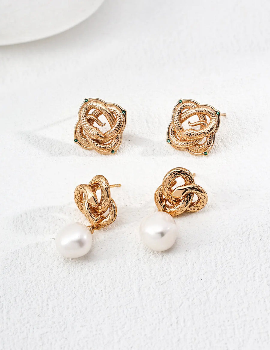 Aruary Studio ｜ Artisanal Jewelry intage Snake Year Green Zircon Ear Studs - Sterling Silver Gold Plated, Light Luxury Retro Style