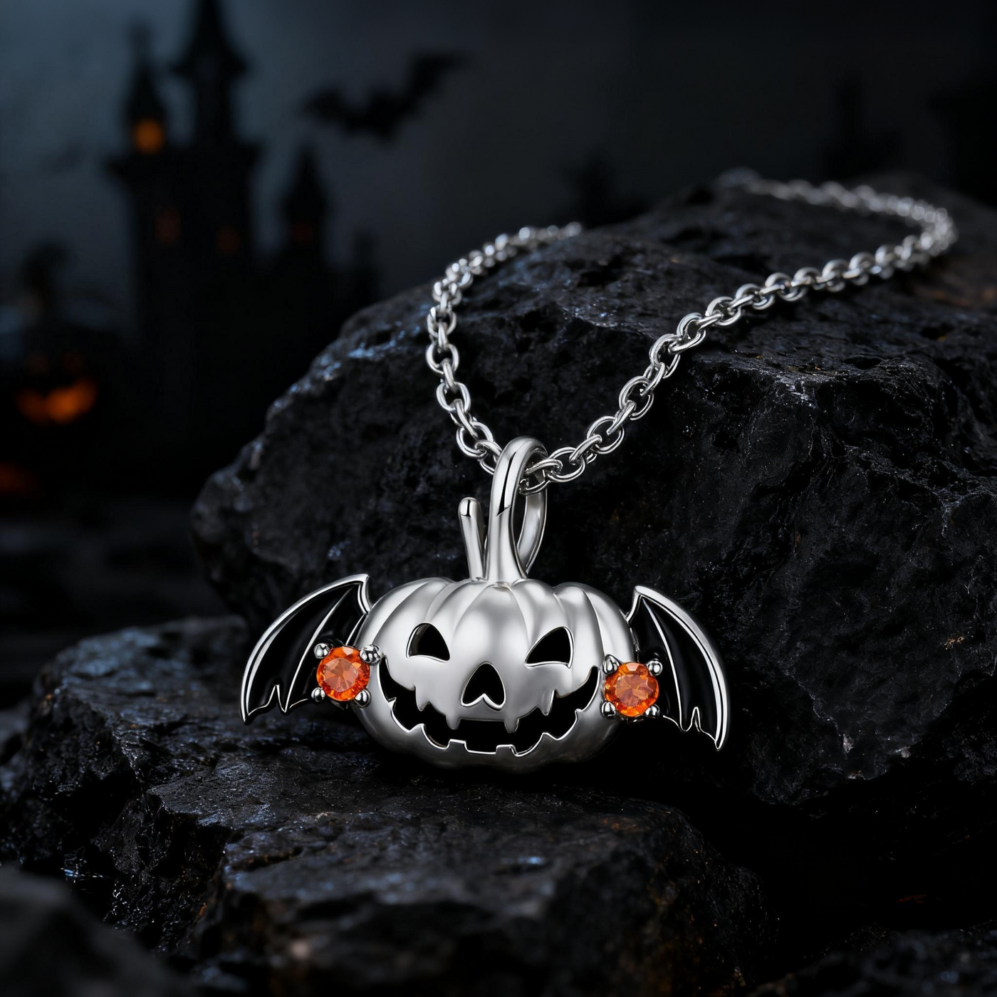 925 Sterling Silver Halloween Pumpkin Bat Wing Necklace with Orange CZ Aruary Studio ｜ Artisanal Jewelry