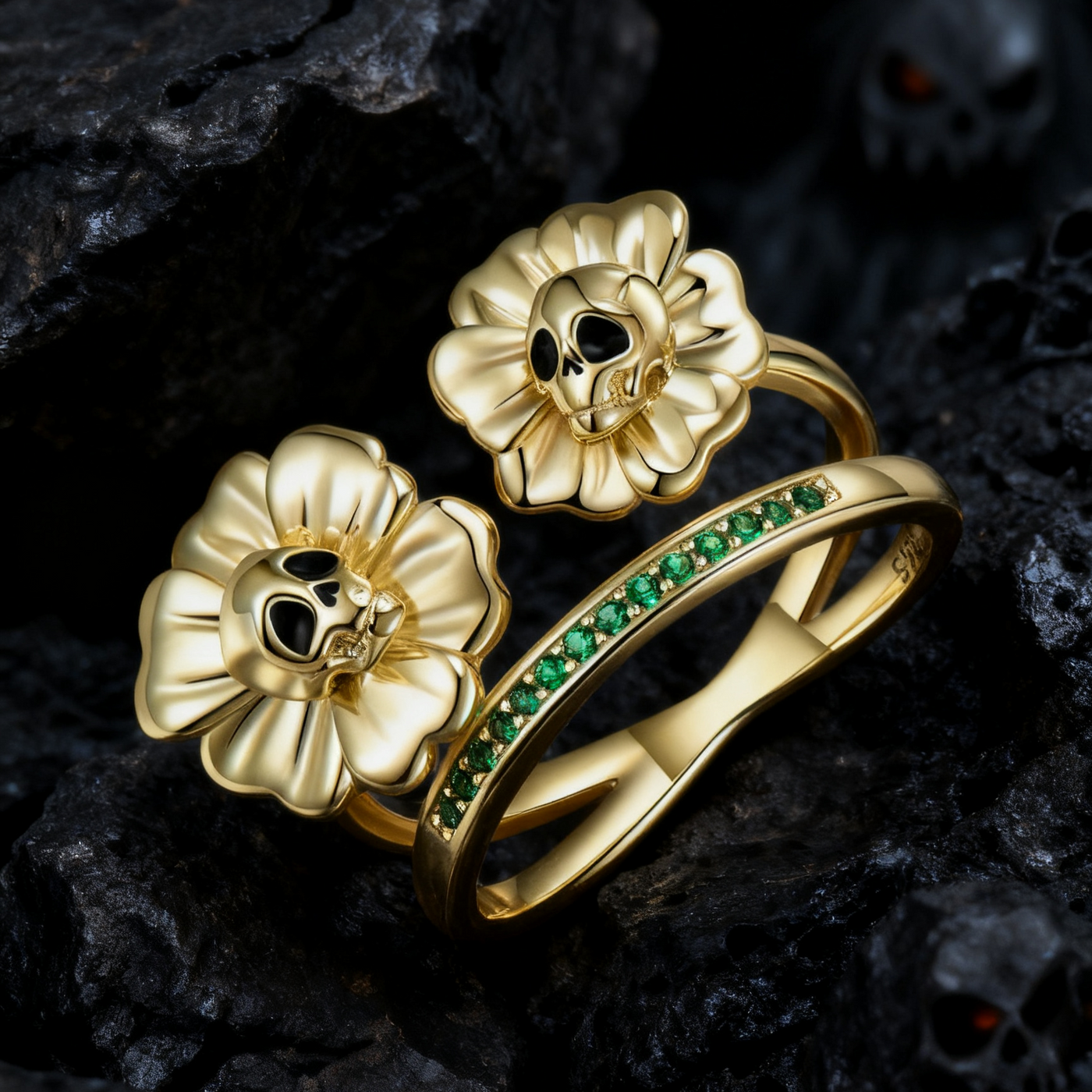 925 Sterling Silver Halloween Skull Flower Open Ring with Green Cubic Zirconia Aruary Studio ｜ Artisanal Jewelry