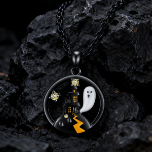 925 Sterling Silver Halloween Haunted House Ghost Necklace with Cubic Zirconia Aruary Studio ｜ Artisanal Jewelry