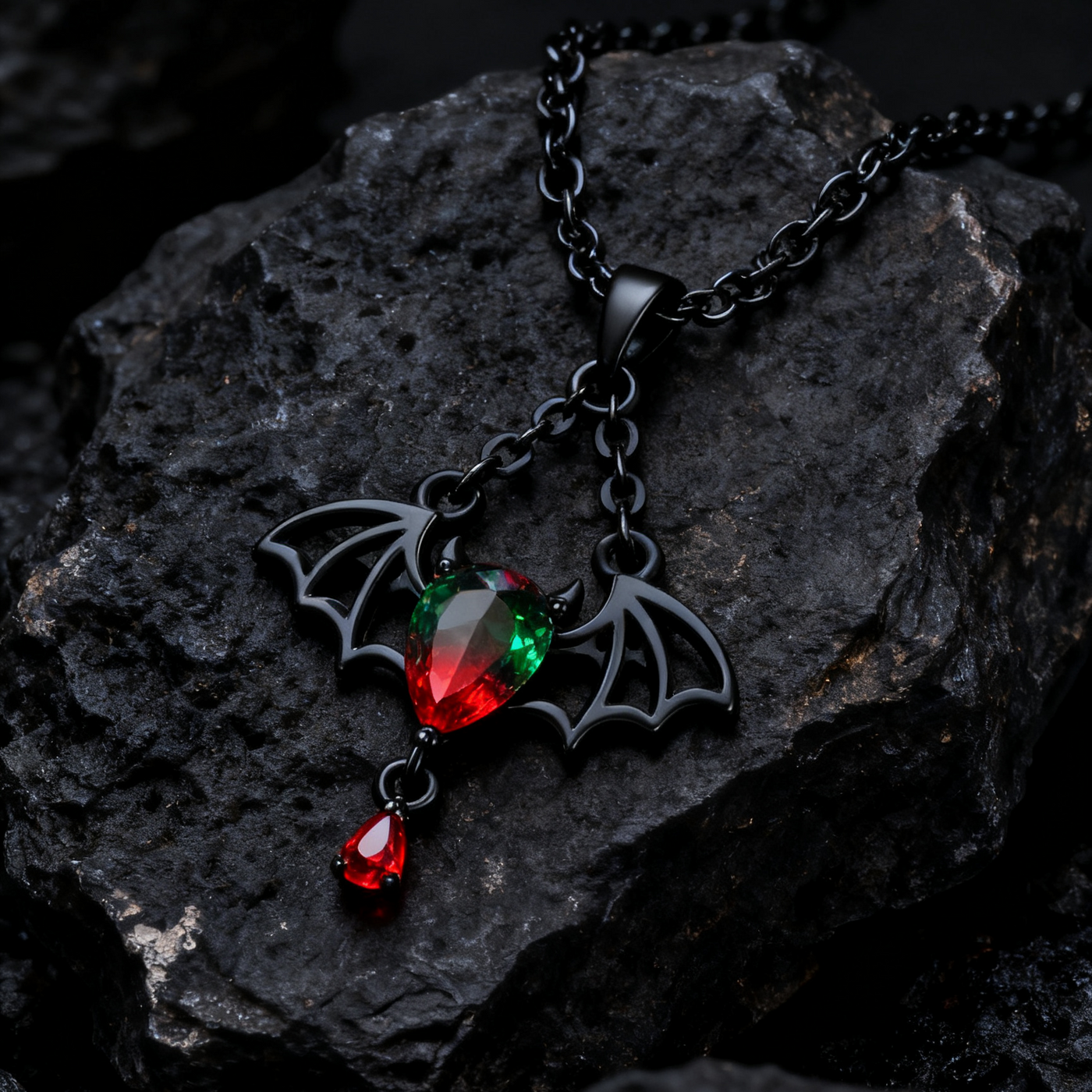 925 Sterling Silver Gothic Halloween Bat Wing Necklace with Red Green Teardrop Crystal Aruary Studio ｜ Artisanal Jewelry