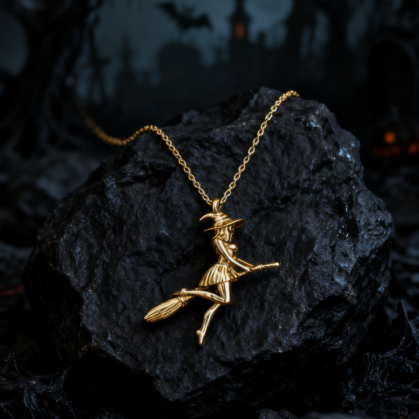 925 Sterling Silver Halloween Witch on Broom Pendant Necklace Aruary Studio ｜ Artisanal Jewelry