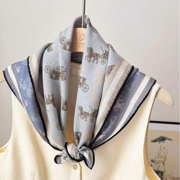 Light Blue Horse Carriage Print Silk Wool Scarf - Vintage Inspired Square Wrap with Equestrian Design for Women & Men - Aruary Studio ｜ Artisanal Jewelry