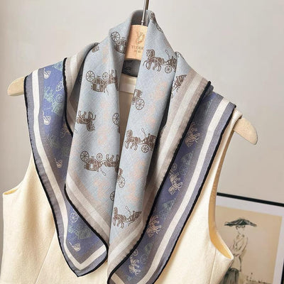 Light Blue Horse Carriage Print Silk Wool Scarf - Vintage Inspired Square Wrap with Equestrian Design for Women & Men - Aruary Studio ｜ Artisanal Jewelry