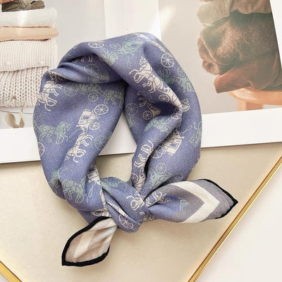 Light Blue Horse Carriage Print Silk Wool Scarf - Vintage Inspired Square Wrap with Equestrian Design for Women & Men - Aruary Studio ｜ Artisanal Jewelry