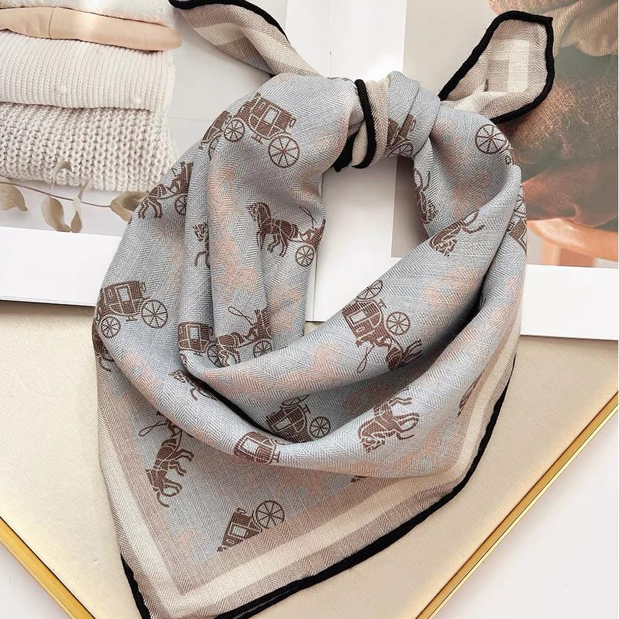 Light Blue Horse Carriage Print Silk Wool Scarf - Vintage Inspired Square Wrap with Equestrian Design for Women & Men - Aruary Studio ｜ Artisanal Jewelry