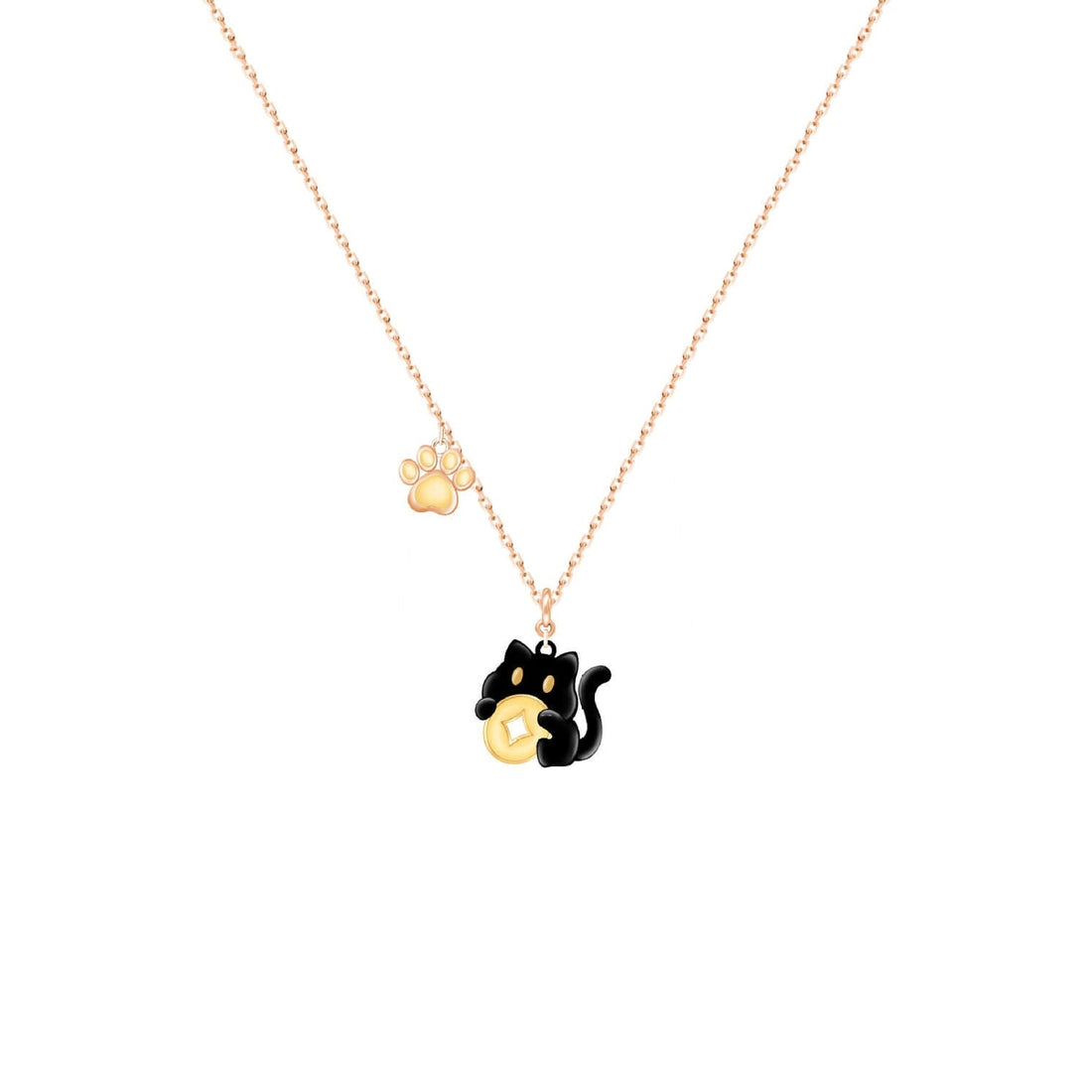 Lucky Black Cat & Paw Pendant Necklace - Rose Gold Minimalist Jewelry for Cat Lovers - Aruary Studio ｜ Artisanal Jewelry