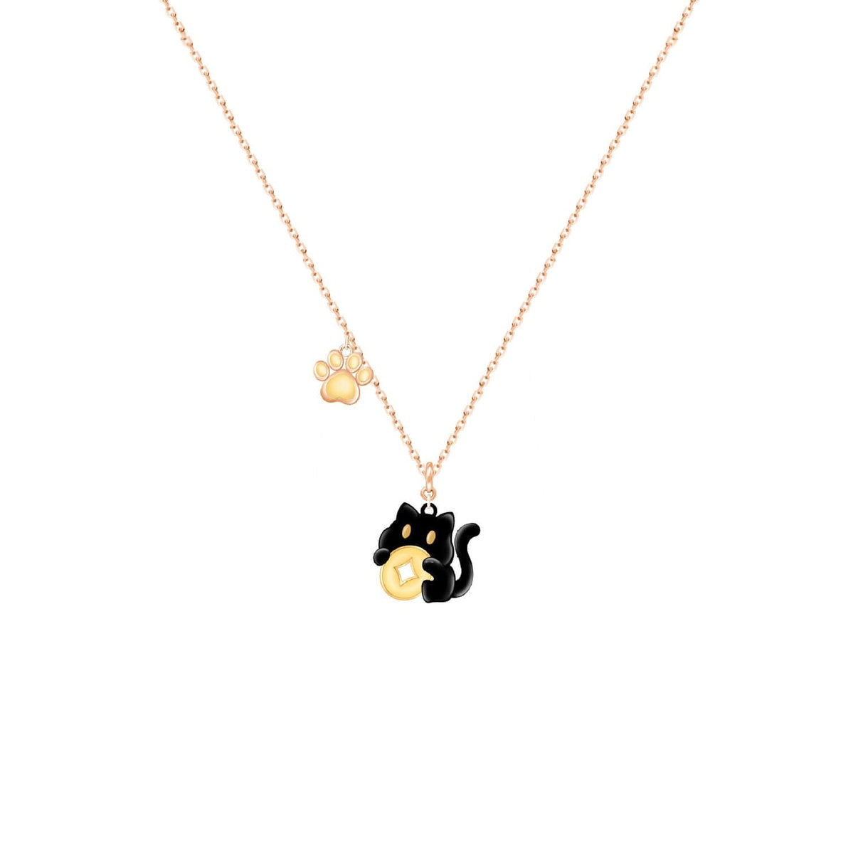 Lucky Black Cat & Paw Pendant Necklace - Rose Gold Minimalist Jewelry for Cat Lovers - Aruary Studio ｜ Artisanal Jewelry