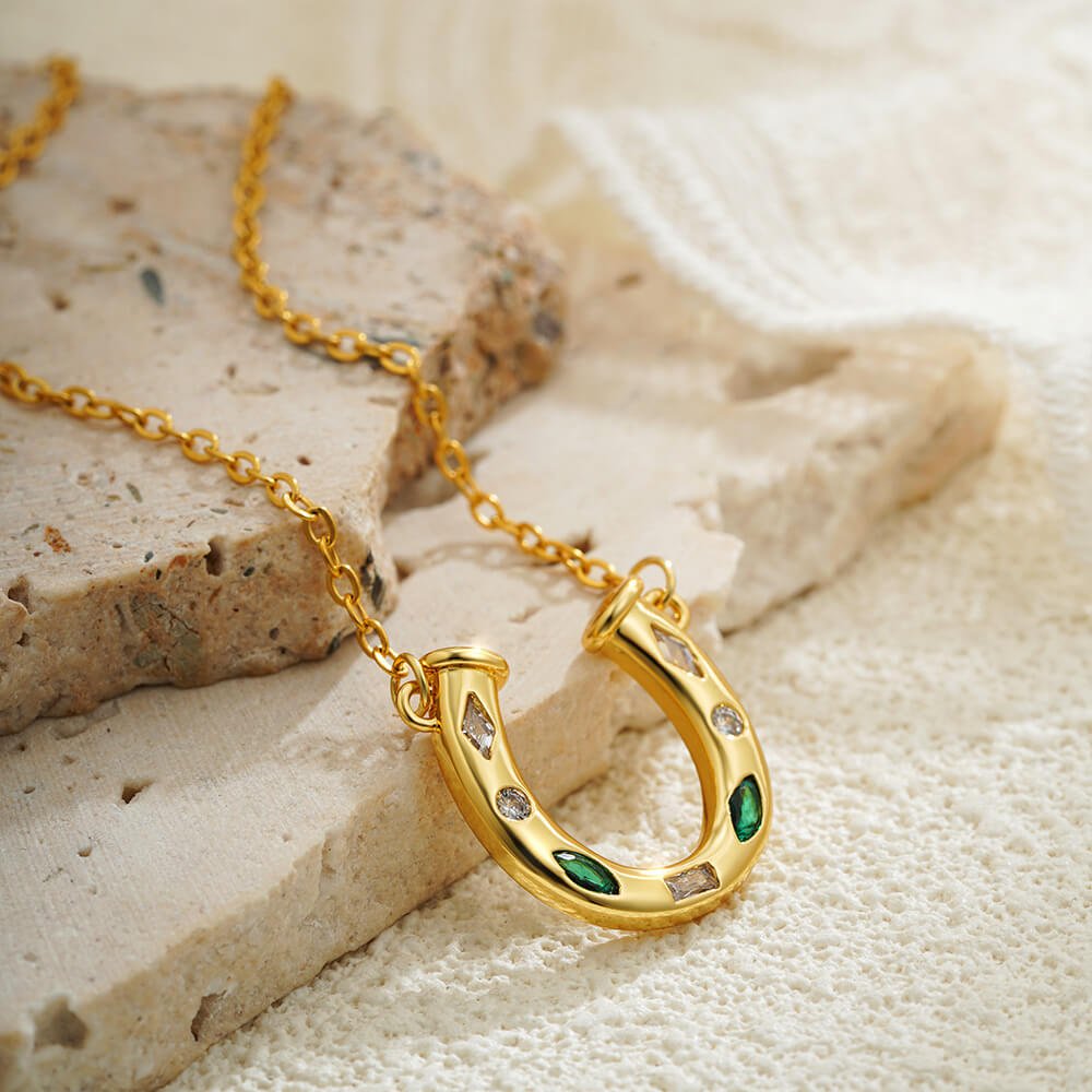 Lucky Horseshoe Pendant Necklace – 18K Gold Plated Sparkling 5A Cubic Zirconia Charm, Elegant Good Luck Jewelry for Women - Aruary Studio ｜ Artisanal Jewelry