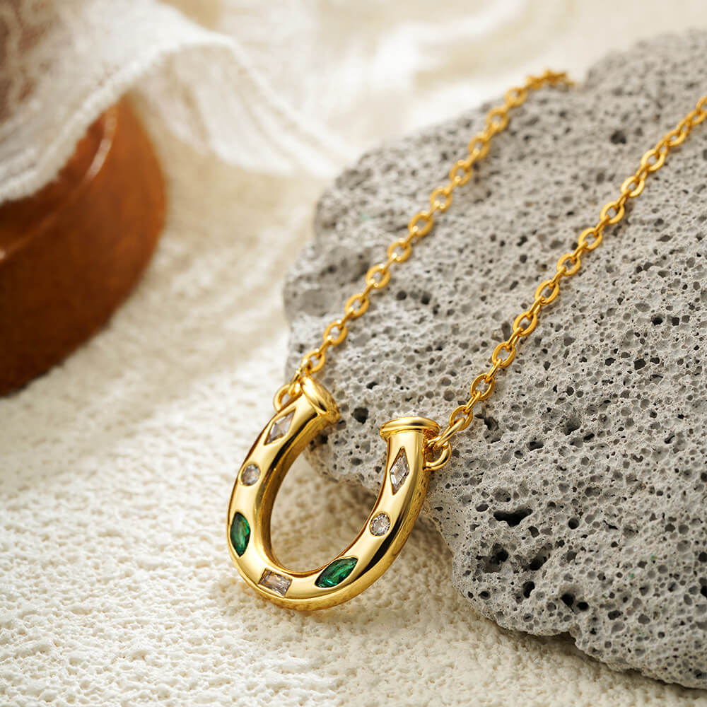 Lucky Horseshoe Pendant Necklace – 18K Gold Plated Sparkling 5A Cubic Zirconia Charm, Elegant Good Luck Jewelry for Women - Aruary Studio ｜ Artisanal Jewelry