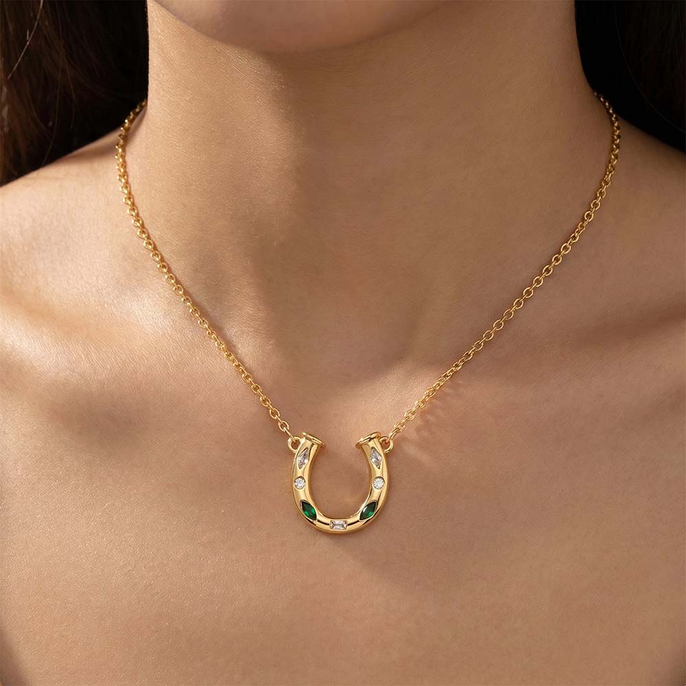 Lucky Horseshoe Pendant Necklace – 18K Gold Plated Sparkling 5A Cubic Zirconia Charm, Elegant Good Luck Jewelry for Women - Aruary Studio ｜ Artisanal Jewelry