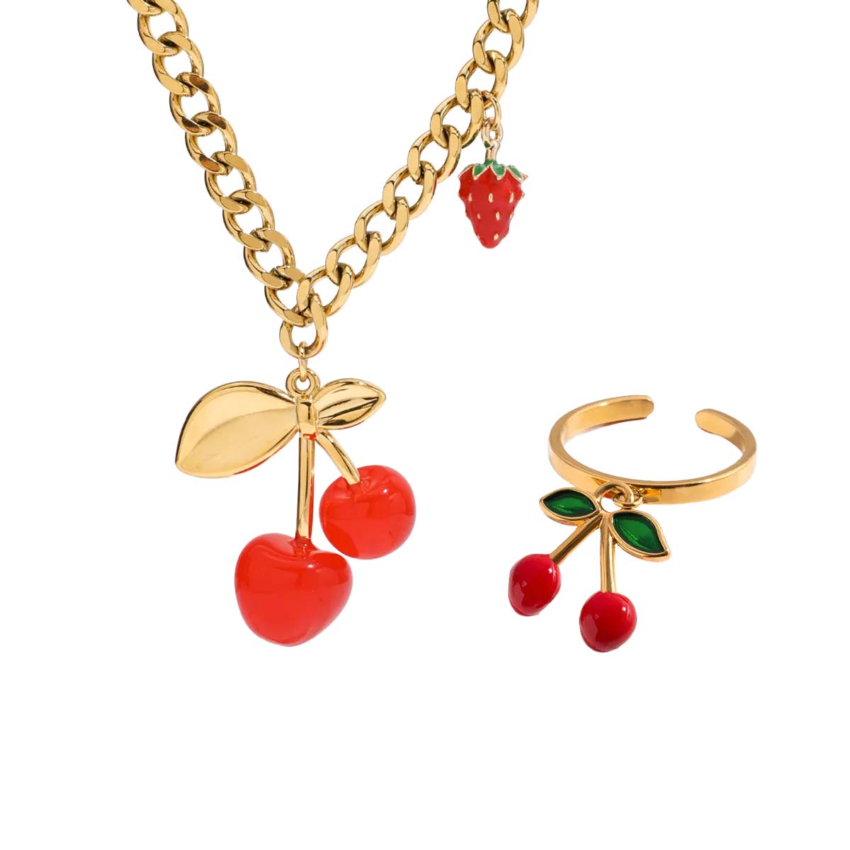 Luxury Cherry Jewelry Set: Titanium Steel Necklace & Ring | 18K Gold Plated, 5A Zircon | Hypoallergenic & Tarnish - Free - Aruary Studio ｜ Artisanal Jewelry