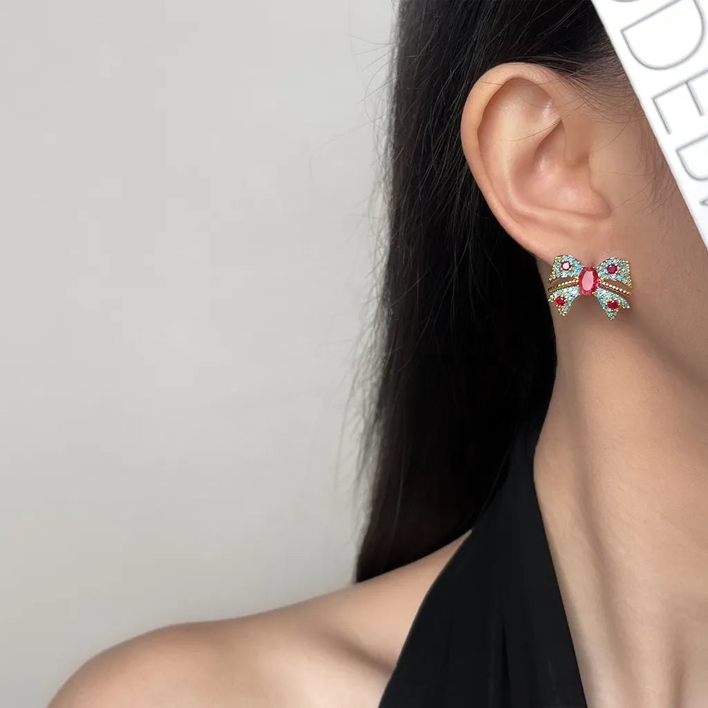 Luxury Colorful Zircon Bowknot Stud Earrings - Light Luxury Sparkling Gemstone Earrings for Women - Aruary Studio ｜ Artisanal Jewelry