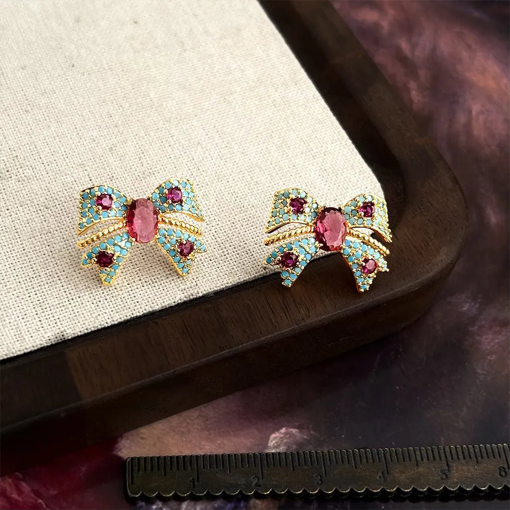 Luxury Colorful Zircon Bowknot Stud Earrings - Light Luxury Sparkling Gemstone Earrings for Women - Aruary Studio ｜ Artisanal Jewelry