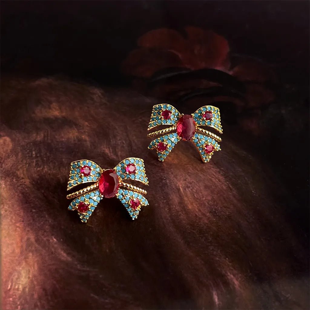Luxury Colorful Zircon Bowknot Stud Earrings - Light Luxury Sparkling Gemstone Earrings for Women - Aruary Studio ｜ Artisanal Jewelry