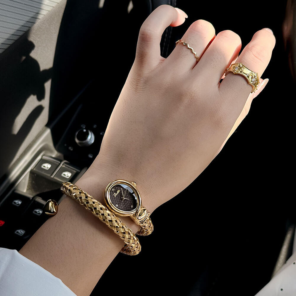 Luxury Two - Tone Braided Bangle Watch – Elegant Mixed - Metal Mesh Bracelet Watch, Chic Oval Face Timepiece for Women - Aruary Studio ｜ Artisanal Jewelry