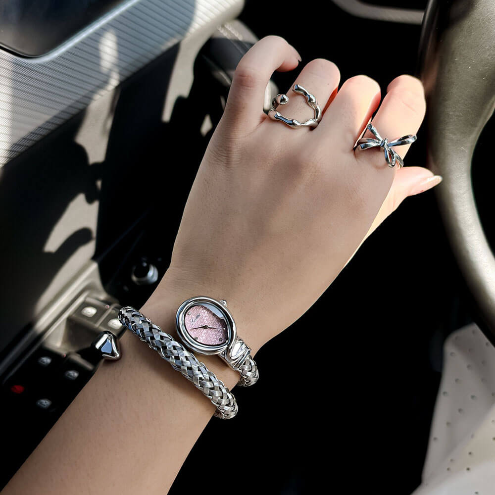 Luxury Two - Tone Braided Bangle Watch – Elegant Mixed - Metal Mesh Bracelet Watch, Chic Oval Face Timepiece for Women - Aruary Studio ｜ Artisanal Jewelry