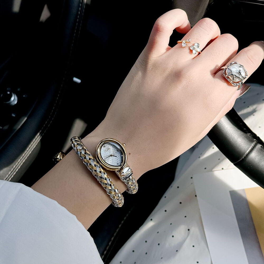 Luxury Two - Tone Braided Bangle Watch – Elegant Mixed - Metal Mesh Bracelet Watch, Chic Oval Face Timepiece for Women - Aruary Studio ｜ Artisanal Jewelry