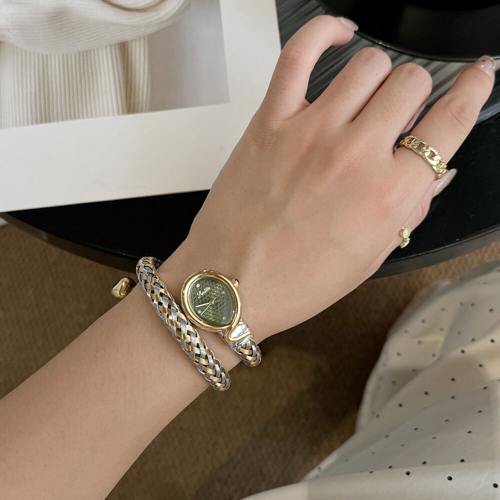 Luxury Two - Tone Braided Bangle Watch – Elegant Mixed - Metal Mesh Bracelet Watch, Chic Oval Face Timepiece for Women - Aruary Studio ｜ Artisanal Jewelry