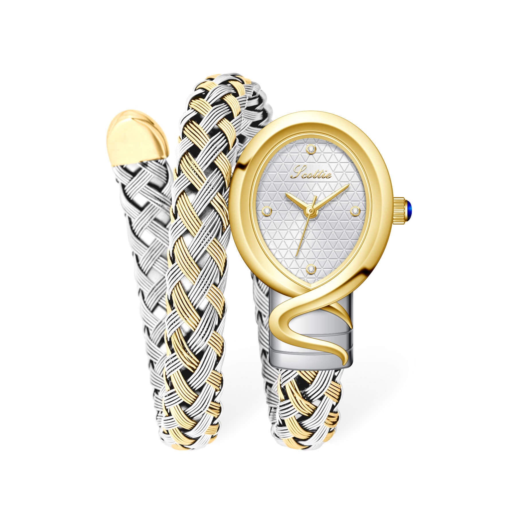 Luxury Two - Tone Braided Bangle Watch – Elegant Mixed - Metal Mesh Bracelet Watch, Chic Oval Face Timepiece for Women - Aruary Studio ｜ Artisanal Jewelry