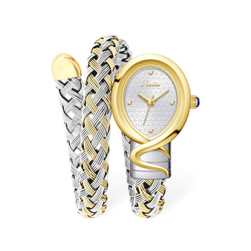 Luxury Two - Tone Braided Bangle Watch – Elegant Mixed - Metal Mesh Bracelet Watch, Chic Oval Face Timepiece for Women - Aruary Studio ｜ Artisanal Jewelry