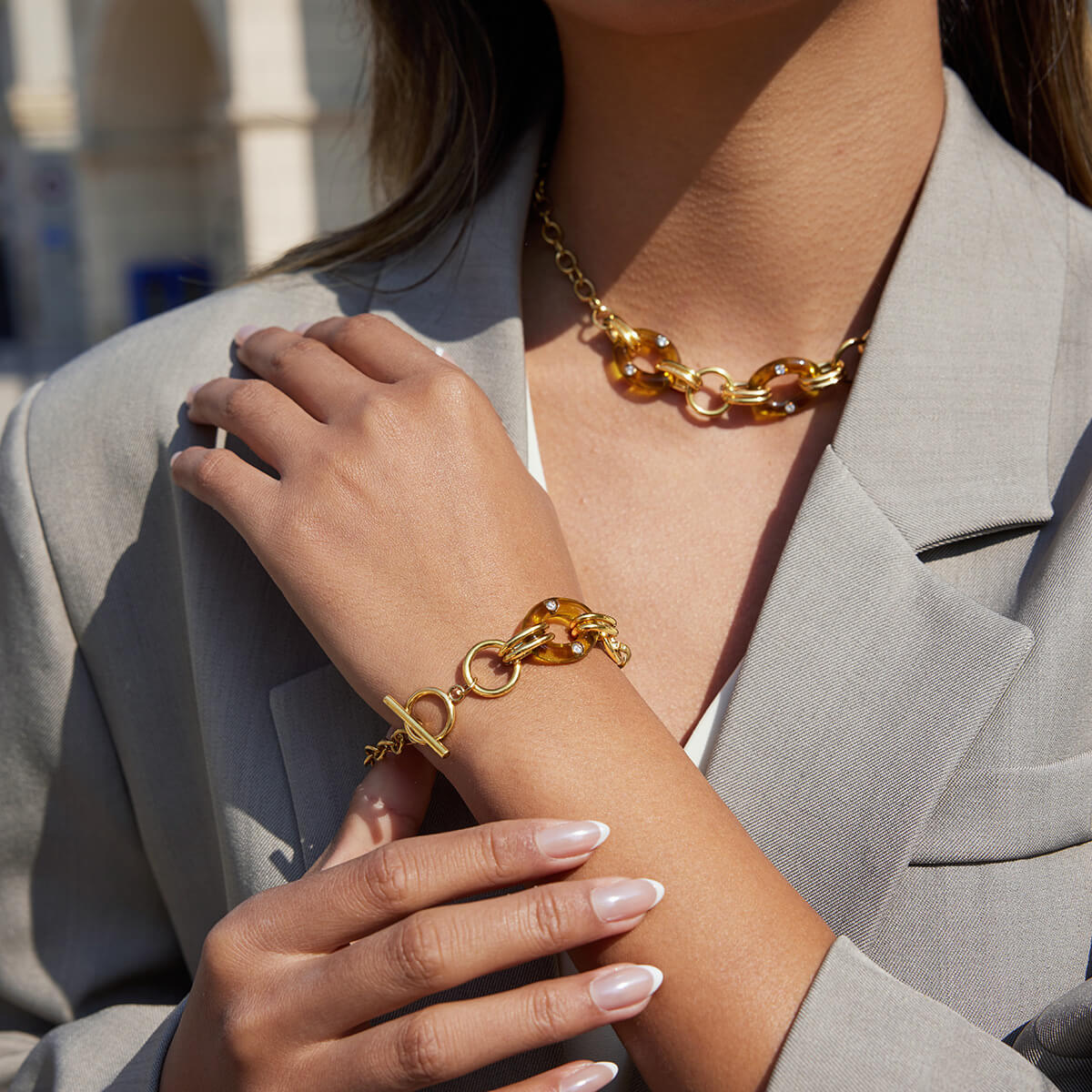 Maillard Resin & Titanium Steel Necklace/Bracelet | 18K Gold - Plated + 5A Zircon - Aruary Studio ｜ Artisanal Jewelry