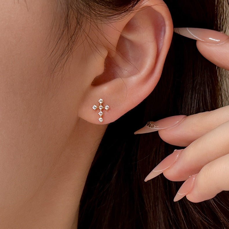 Mini Cross Zircon Stud Earrings | S925 Sterling Silver - Dainty Faith & Sparkle Statement - Aruary Studio ｜ Artisanal Jewelry