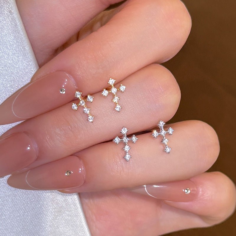 Mini Cross Zircon Stud Earrings | S925 Sterling Silver - Dainty Faith & Sparkle Statement - Aruary Studio ｜ Artisanal Jewelry