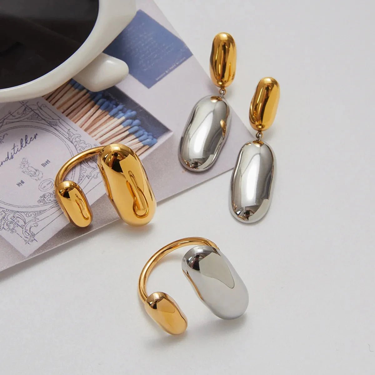 Modern Two - Tone Stainless Steel Ring & Earrings Set - Non - Fade Minimalist Jewelry for Women - Aruary Studio ｜ Artisanal Jewelry