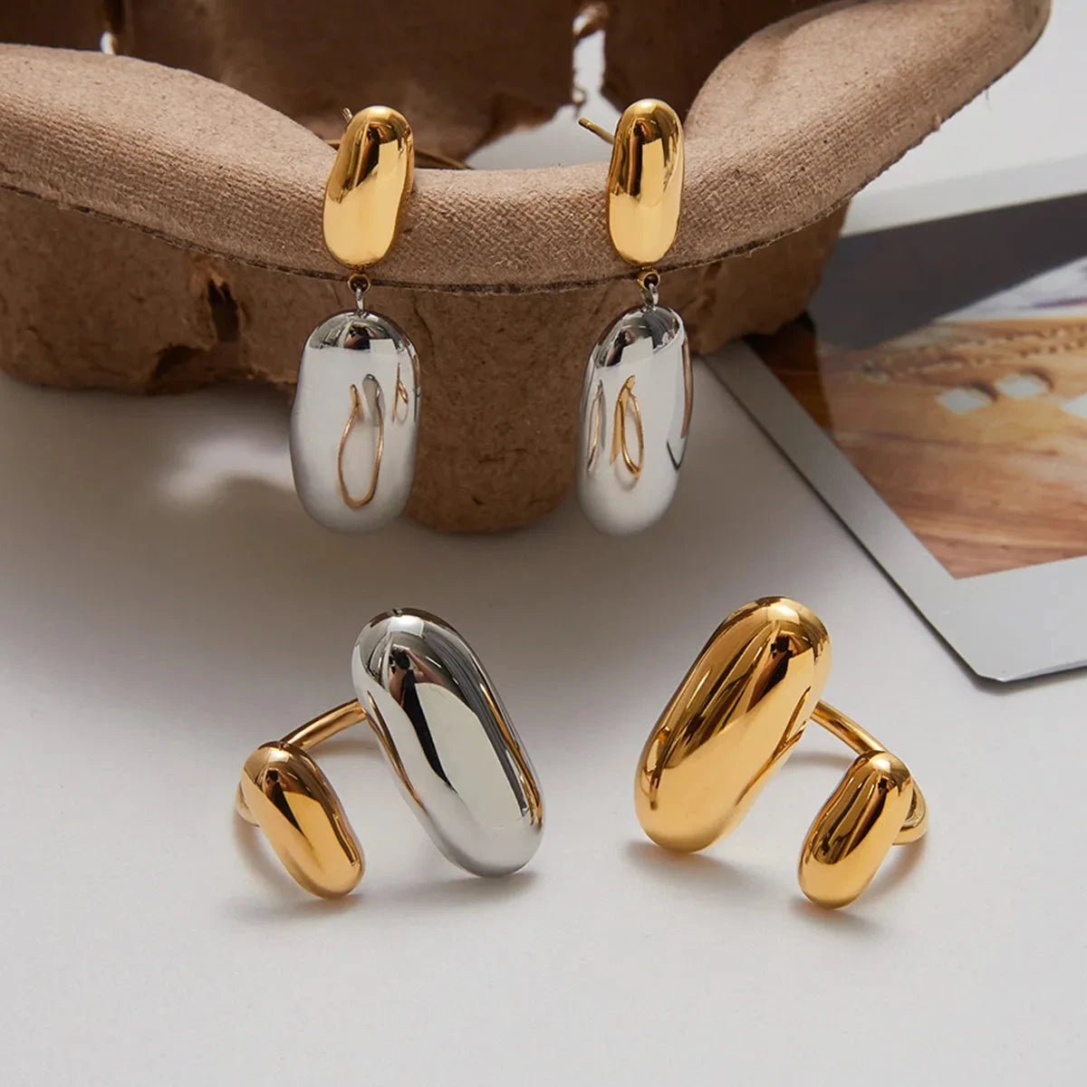 Modern Two - Tone Stainless Steel Ring & Earrings Set - Non - Fade Minimalist Jewelry for Women - Aruary Studio ｜ Artisanal Jewelry