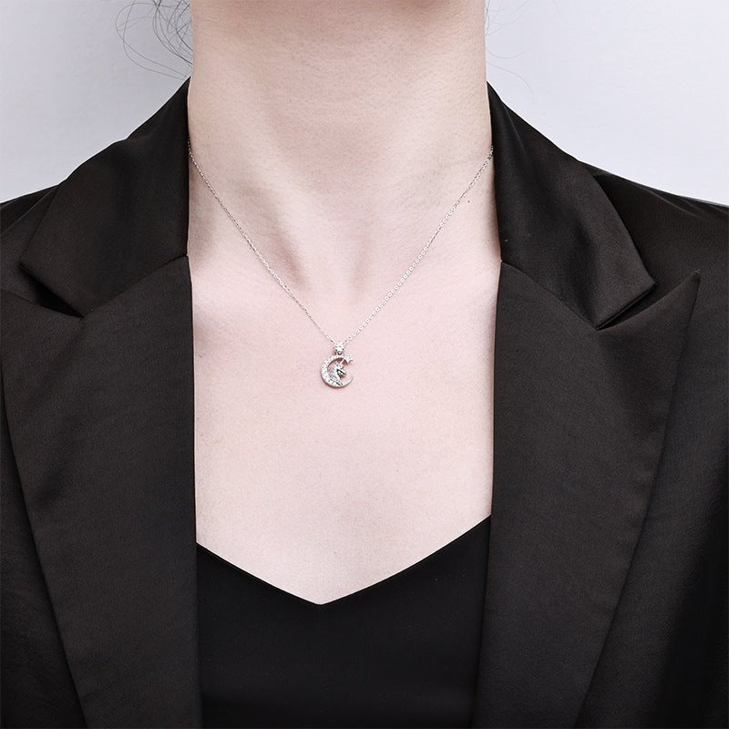 Moon Star Unicorn Necklace | 925 Sterling Silver + 0.3ct Moissanite - Symbol of Magic & Celestial Wonder - Aruary Studio ｜ Artisanal Jewelry