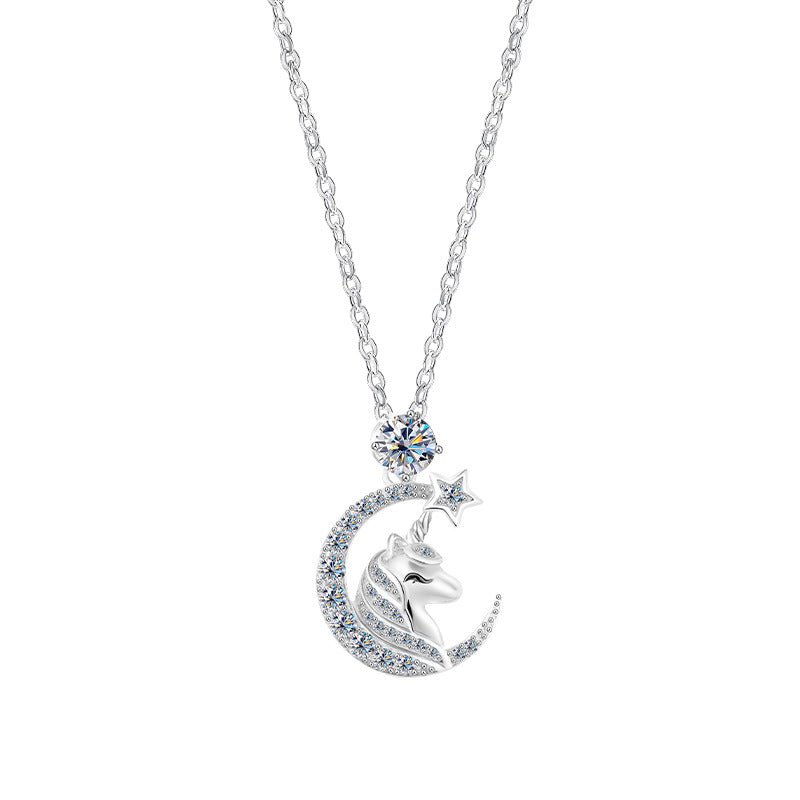 Moon Star Unicorn Necklace | 925 Sterling Silver + 0.3ct Moissanite - Symbol of Magic & Celestial Wonder - Aruary Studio ｜ Artisanal Jewelry
