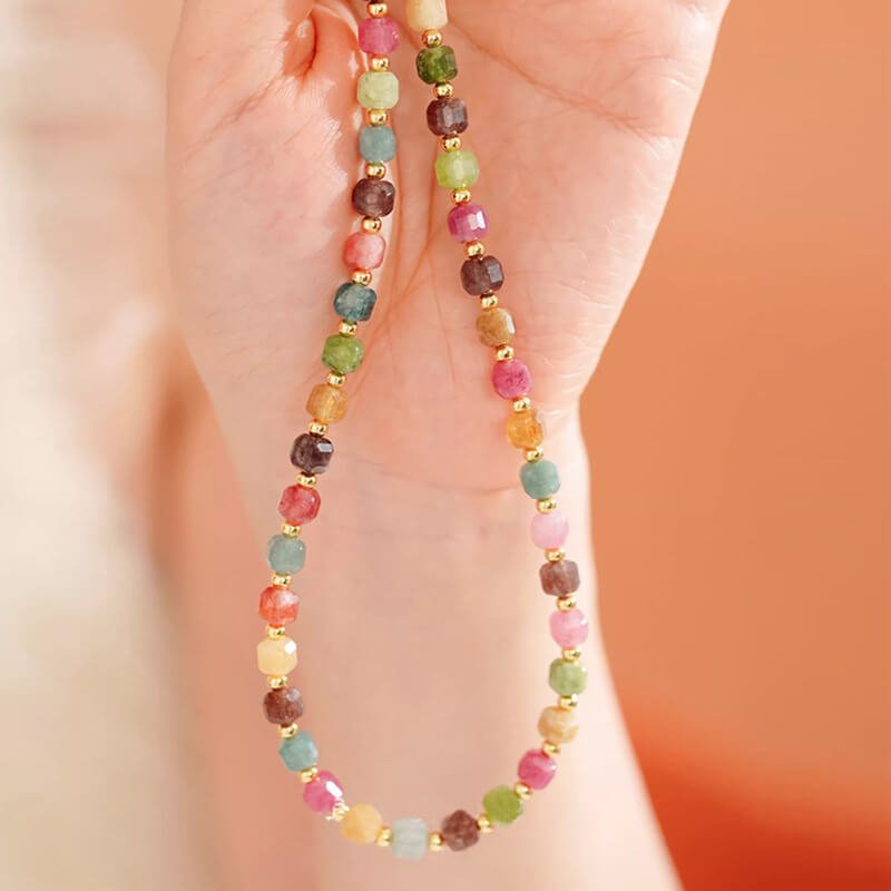 Natural Tourmaline Rainbow Cube Choker Necklace/BRACELET | Genuine Semi - Precious Stone + Gold - Plated Accents - Aruary Studio ｜ Artisanal Jewelry