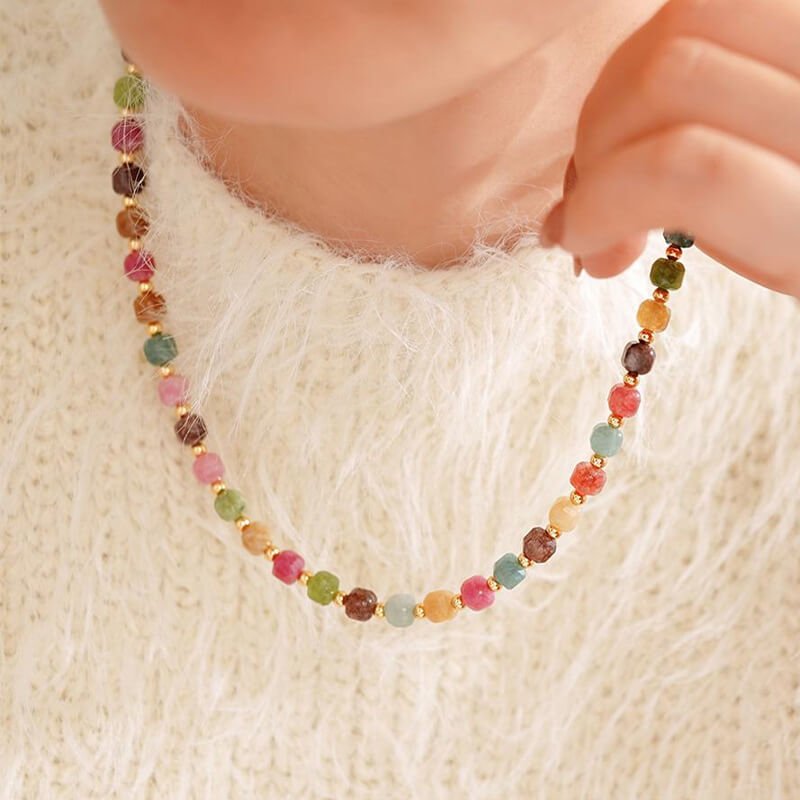 Natural Tourmaline Rainbow Cube Choker Necklace/BRACELET | Genuine Semi - Precious Stone + Gold - Plated Accents - Aruary Studio ｜ Artisanal Jewelry